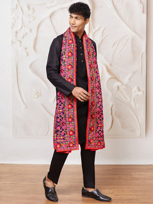 Men's Black Silk Blend Kurta,Pyjama And Dupatta Set.
